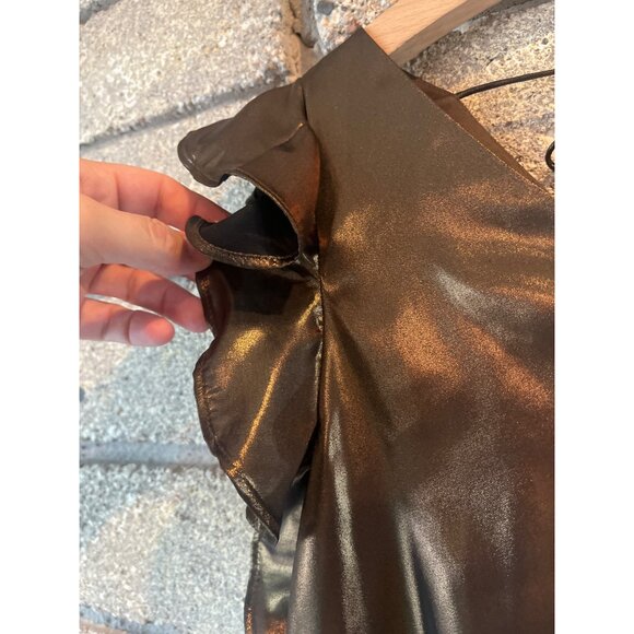 Shiny Black Metallic V-Neck Top With Ruffle Sleeves & Smocked Waist - Picture 4 of 7